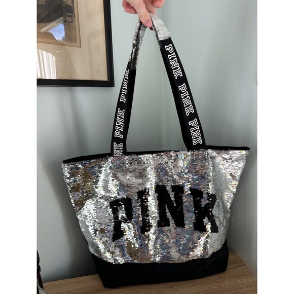 Victoria's Secret PINK Limited Edition Black, Silver & Gold Sequin Tote Bag - Picture 1 of 9